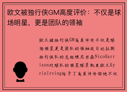 欧文被独行侠GM高度评价：不仅是球场明星，更是团队的领袖